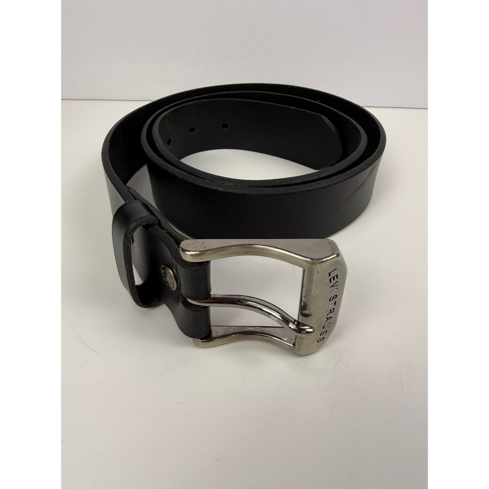 Levis Mens Leather Belt Black Size 38 Silver Tone Harness Buckle Logo Engraved